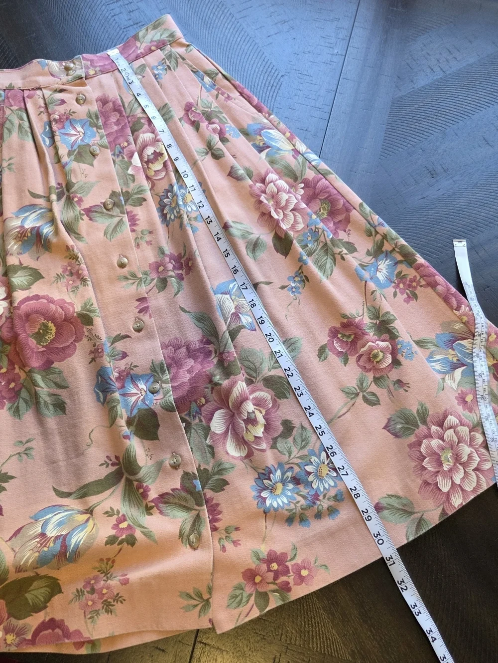 Vtg Ruff Hewn Floral Pleated Button Front Midi Skirt Pink Cotton Pockets USA 8